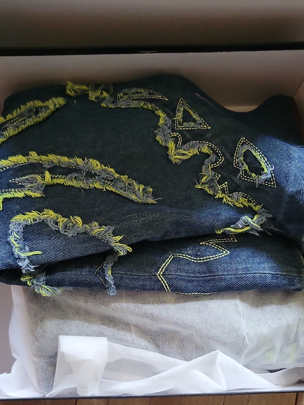 AZALEA WANG Denim Wedge Knee Boots with Green Embroidered Accents - Picture 3 of 8